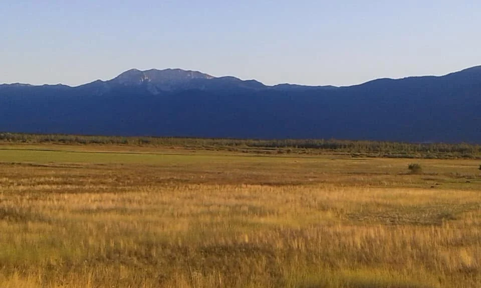 Mountain ridge above the golden grass of the polje in evening light